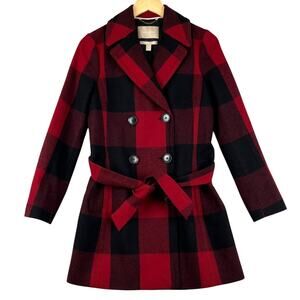 Banana Republic Buffalo Plaid Wool‎ Peacoat Trench Coat Belt Jacket XS Red Black
